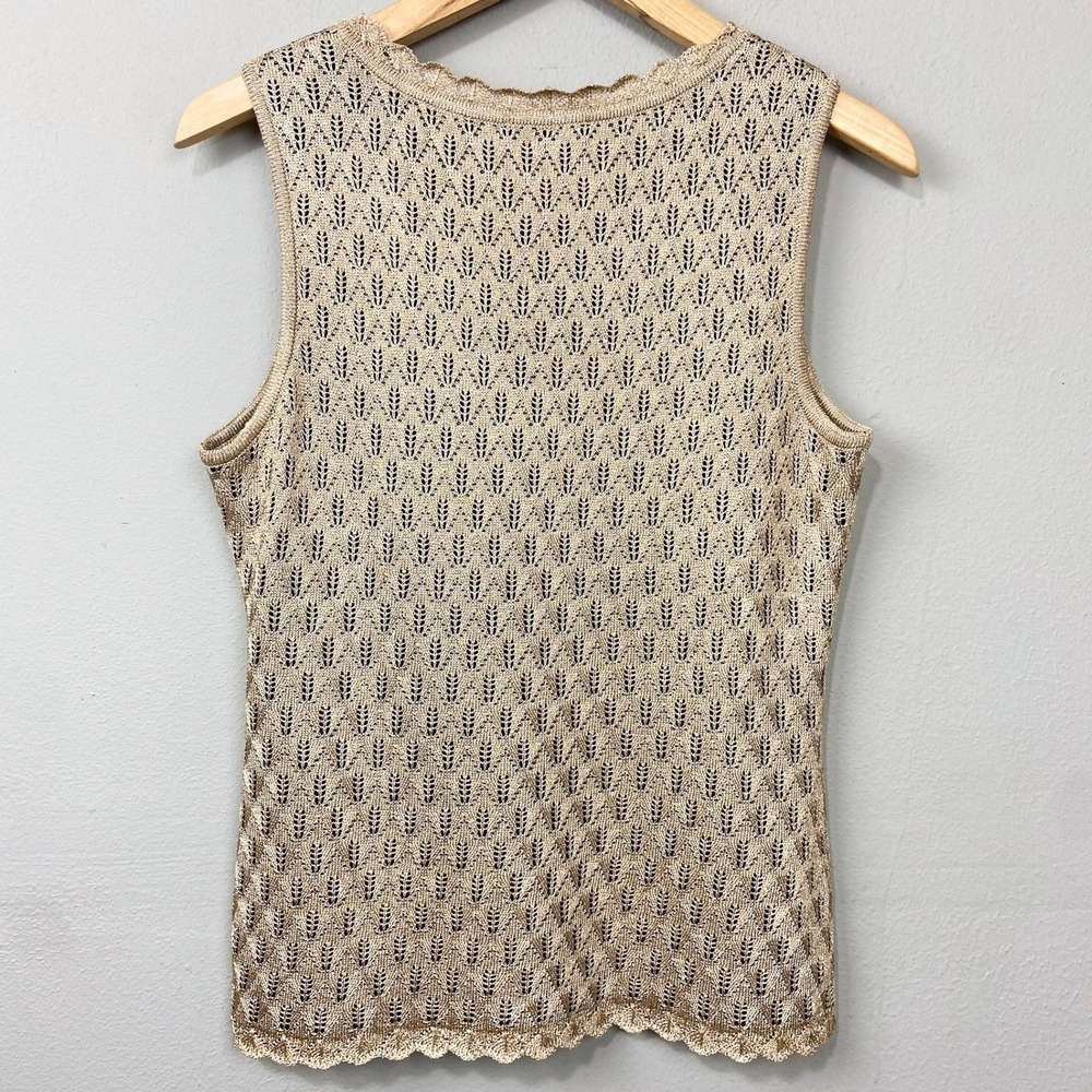 St. John Sleeveless‎ Sweater Knit Top Size S Gold Metallic Tank Pointelle Shell - Picture 8 of 11